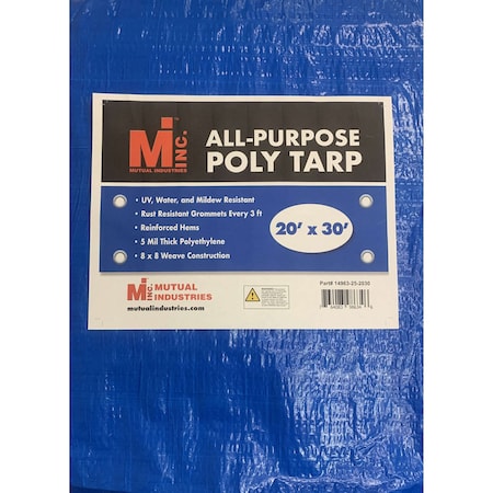 Mutual Industries Tarp, 20 ft x 30 ft, 5 Mil, Blue, UV Resistant, Mildew Resistant 14963-25-2030